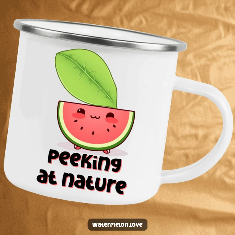 Funny camping mug with a blushing Kawaii watermelon slice peeking from behind a large leaf, perfect for cozy outdoor moments and shy smiles.