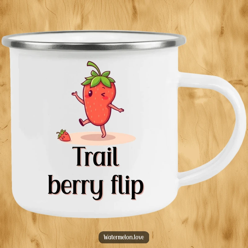 Funny strawberry camping mug, rugged cup with anthropomorphic fruit doing a cartwheel, durable and humorous drinkware.