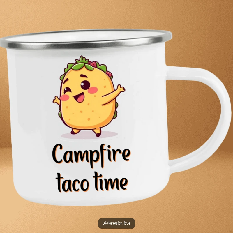 Funny taco camping mug, enamel cup with anthropomorphic taco dancing joyfully, rugged and humorous drinkware.
