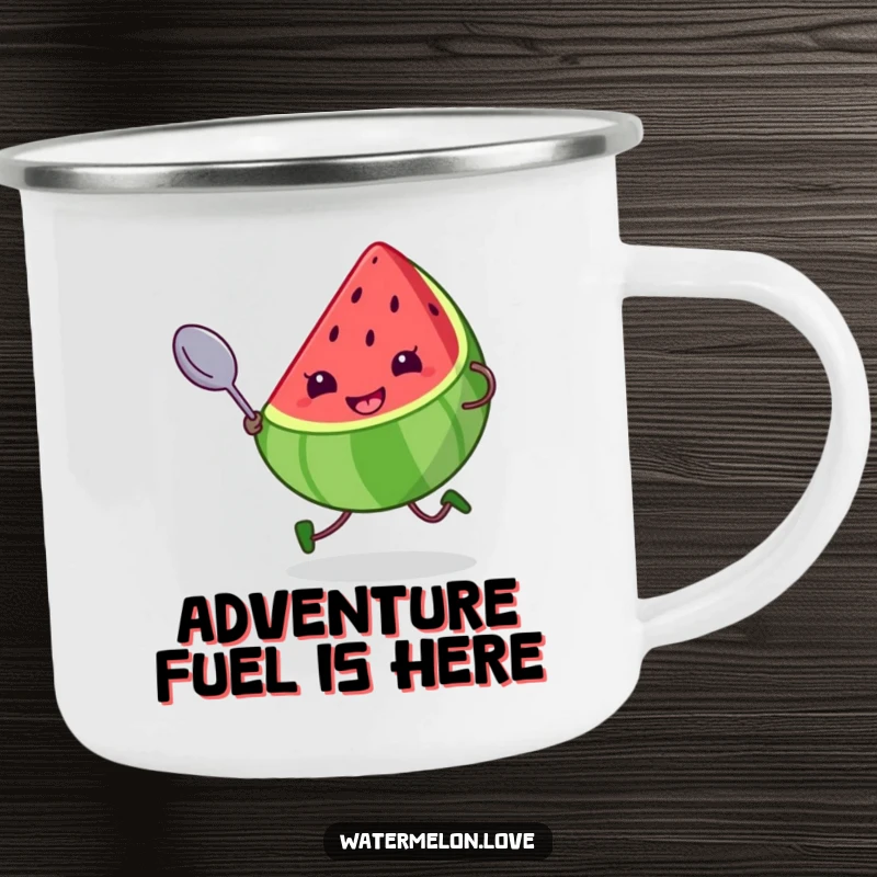 Funny camping mug featuring a kawaii watermelon slice with a cheeky grin, running with a large spoon, perfect for outdoor humor.