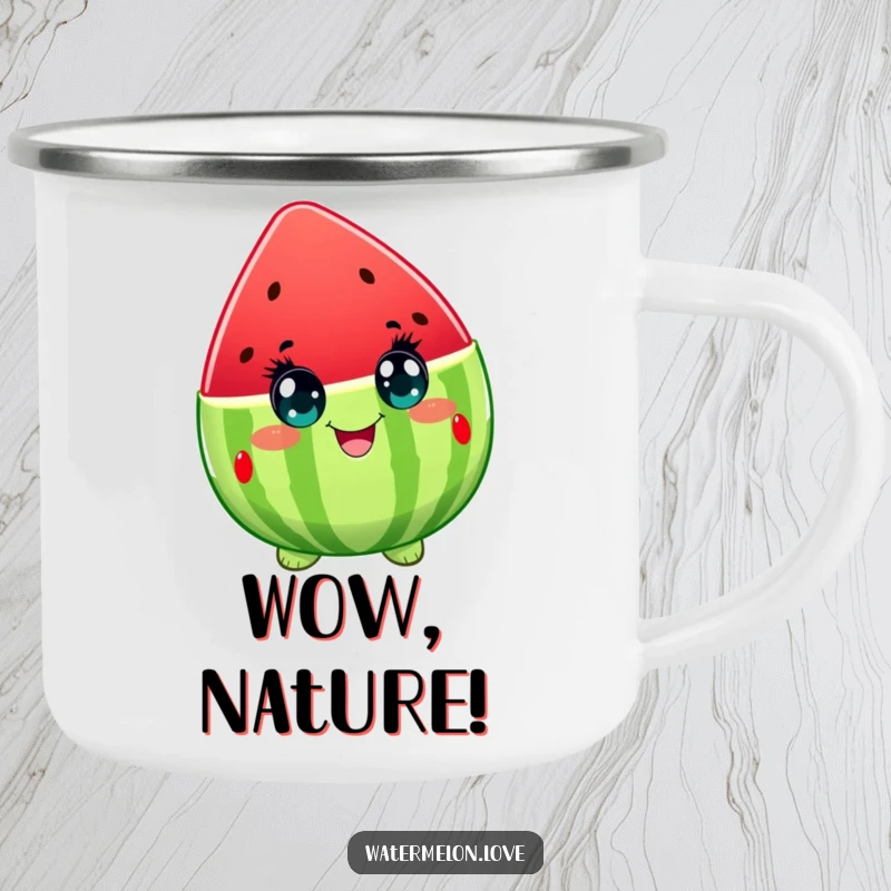 Funny camping mug with a watermelon character expressing wide-eyed delight, perfect for outdoor lovers who enjoy a touch of fruity joy.