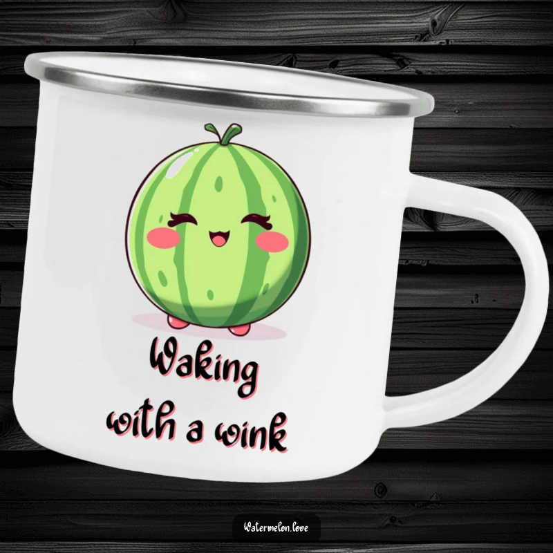 Funny winking watermelon camping mug, a durable cup featuring a whole fruit with a playful wink and bounce.