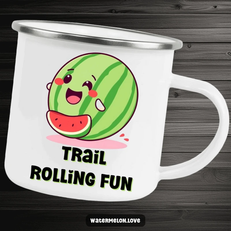 Stylized, happy watermelon camping mug captured in a joyous downhill roll, ready for outdoor adventures and adding a splash of fun.