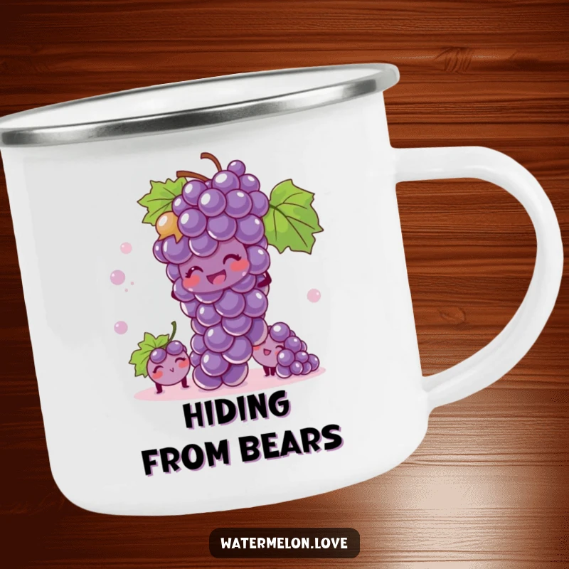 Funny camping mug featuring a giggling bunch of grapes ready for outdoor games and fun.