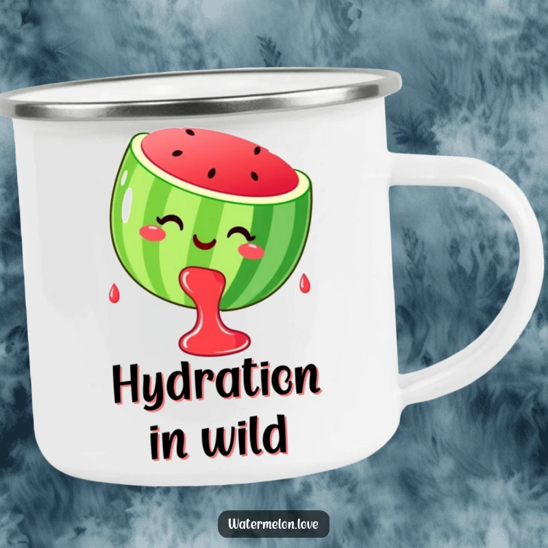 Funny stylized, smiling watermelon dripping happy juice drops, printed on a sturdy camping mug.