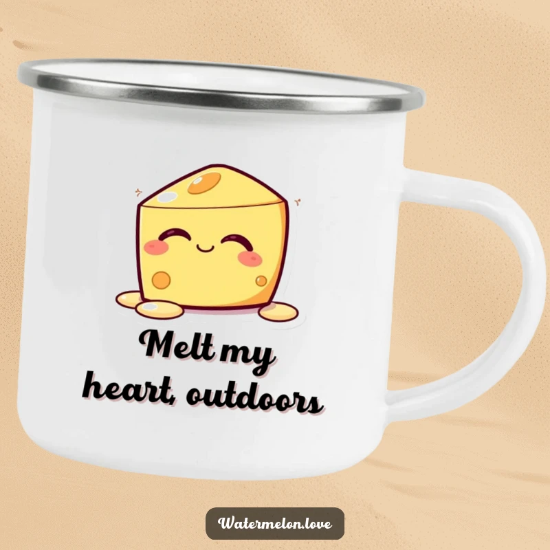 Funny Kawaii Melting Cheese Camping Mug: A blissfully melting cheese character ready for outdoor relaxation and cheesy enjoyment.