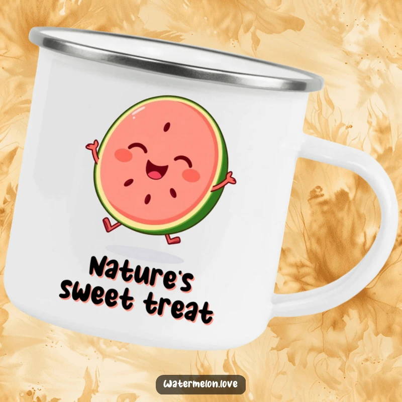 Durable camping mug featuring a smiling, anthropomorphic watermelon slice bouncing joyfully, perfect for outdoor fun.