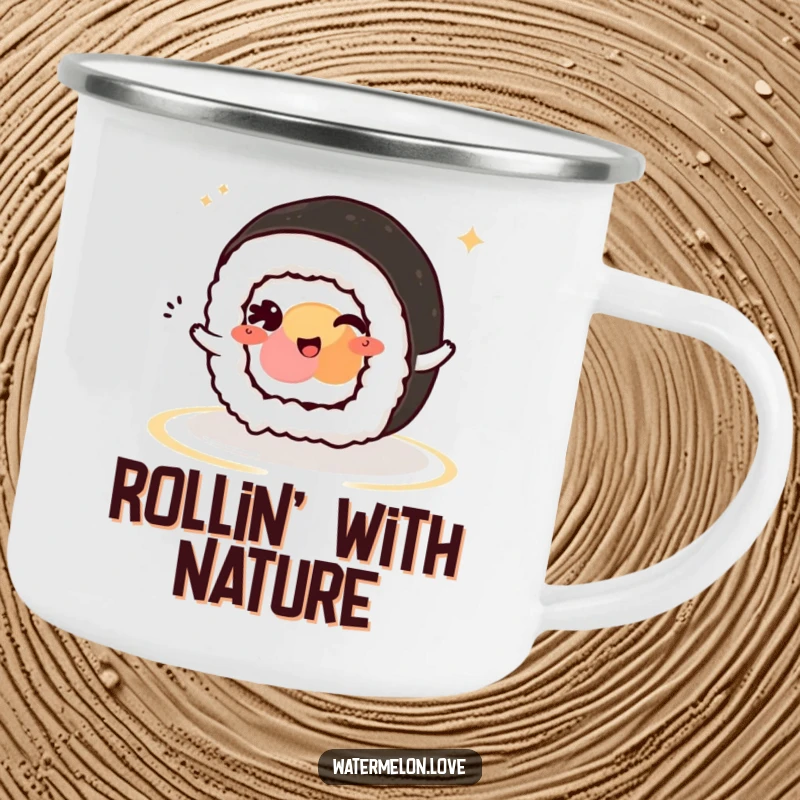 Funny Kawaii Sushi Roll Camping Mug: A winking sushi roll character ready for outdoor fun and a warm beverage.