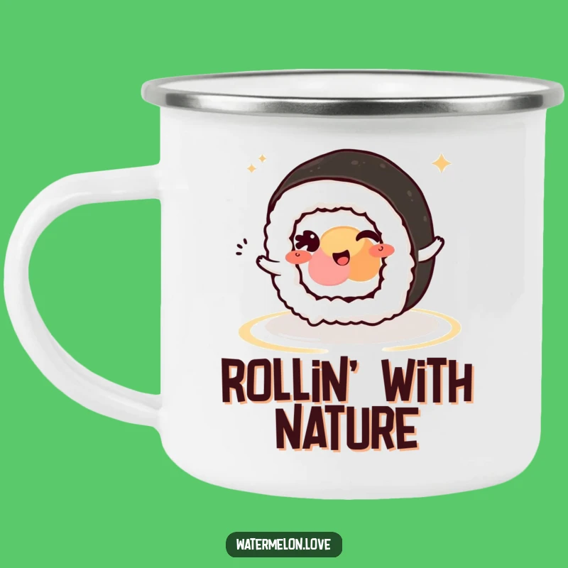 Funny Kawaii Sushi Roll Wink Camping Mug: Adventure Fuelled by Fun
