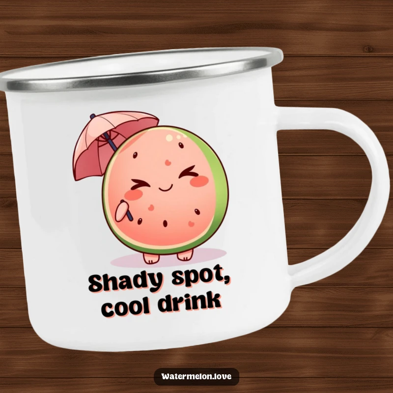 Funny Kawaii watermelon slice camping mug winking and holding a tiny umbrella, bringing playful humor outdoors.