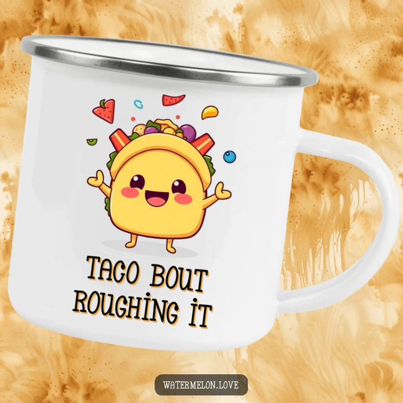 Funny Kawaii Taco Camping Mug: A smiling taco character juggling colorful toppings, ready for outdoor fun and delicious moments.