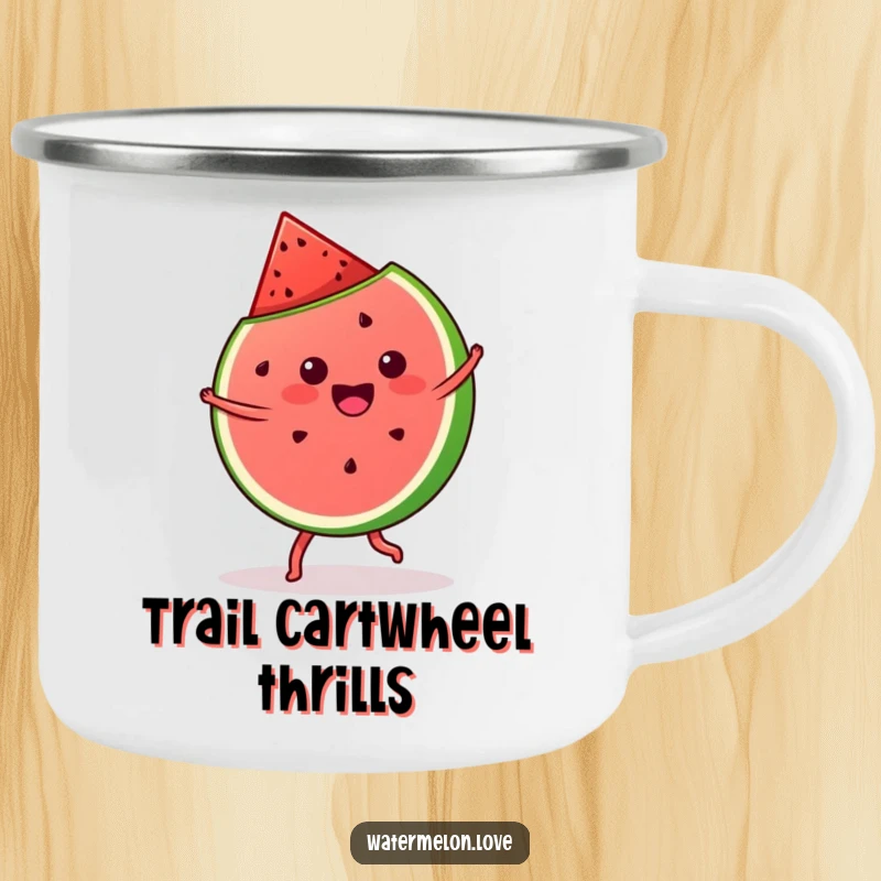 Funny kawaii watermelon slice doing a cartwheel on a durable camping mug, bringing fruity fun to outdoor adventures.