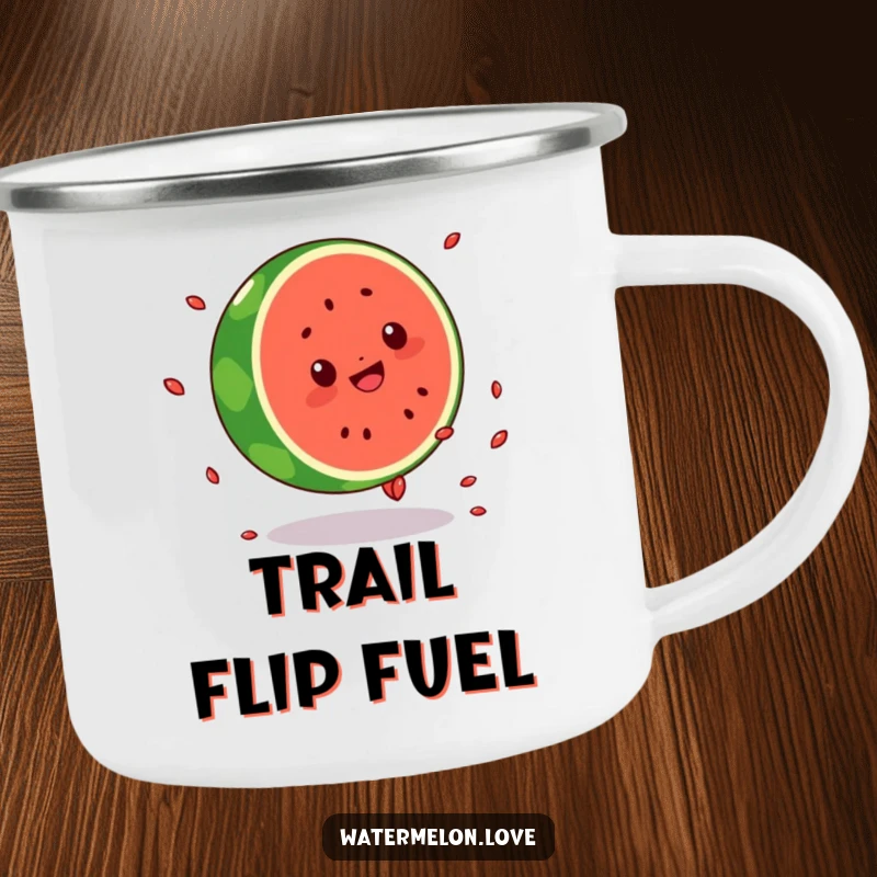 Funny camping mug with a round Kawaii watermelon character doing a cartwheel, seeds flying, perfect for outdoor adventures and cheerful mornings.