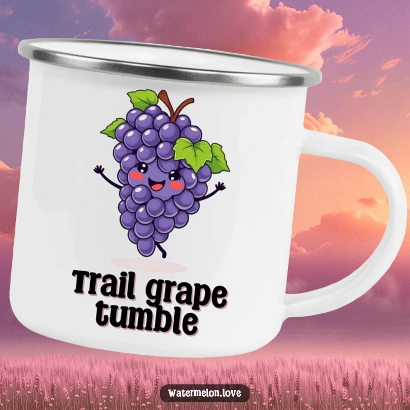 Funny camping mug featuring a smiling grape cluster doing a cartwheel, ideal for hot drinks during outdoor fun, a cheerful fruity gift.