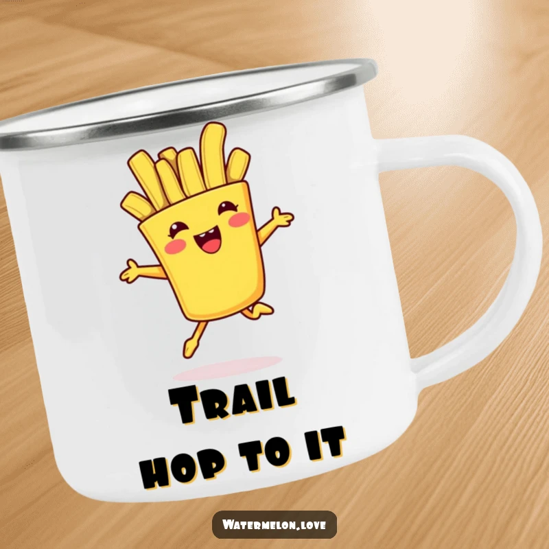 Funny camping mug featuring an anthropomorphic french fry leaping playfully, adding a fun and energetic element to outdoor drinks.