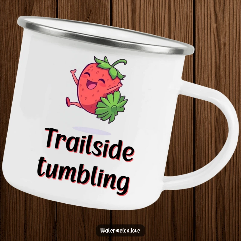 Durable camping mug featuring a giggling, anthropomorphic strawberry doing a cartwheel, perfect for outdoor fun and laughter.