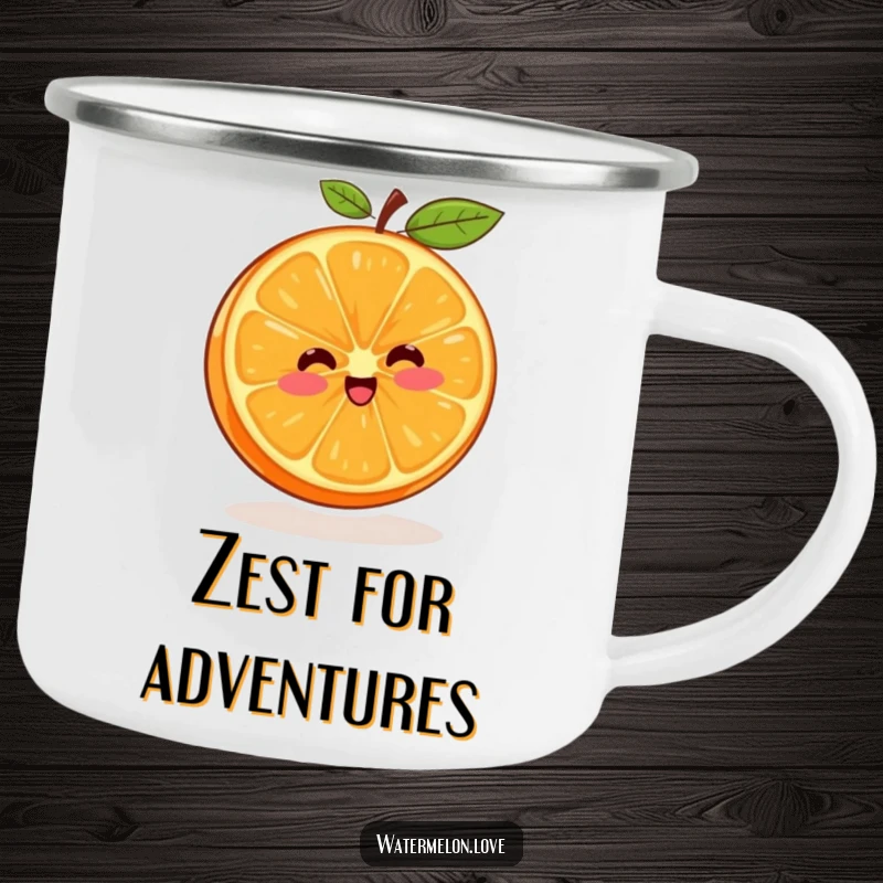 Funny camping mug showing a happy orange segment spinning, ideal for outdoor adventures and a cheerful sip.