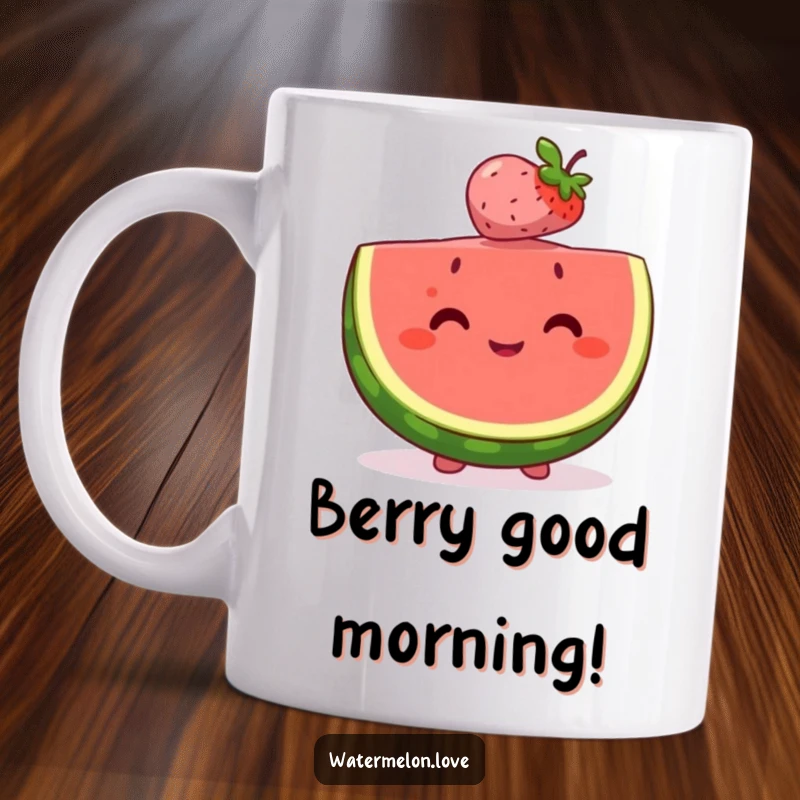 Happy watermelon slice mug skillfully balancing a tiny, smiling berry on its head, celebrating friendship and fruity joy.