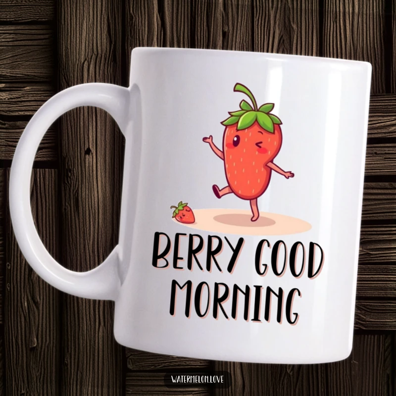 Funny strawberry mug, anthropomorphic fruit character energetically doing a cartwheel with a big smile, playful and sweet.