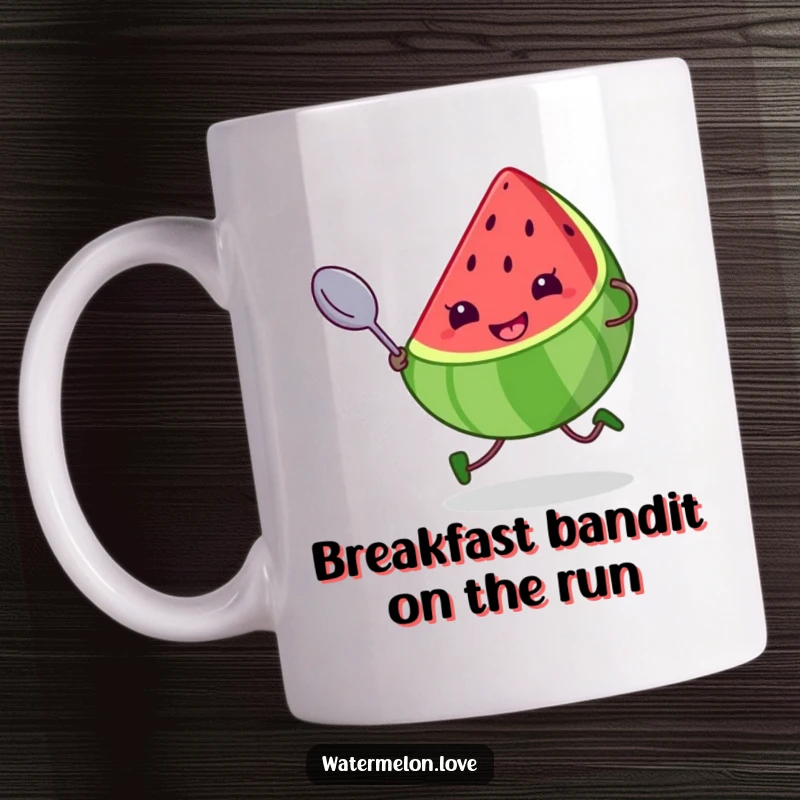 Funny mug featuring a kawaii watermelon slice with a cheeky grin, running energetically with a comically oversized spoon, perfect for laughter lovers.