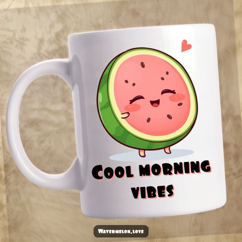 Funny watermelon mug, a wobbly slice with eyes closed, blissfully enjoying a cool breeze, radiating ultimate relaxation.