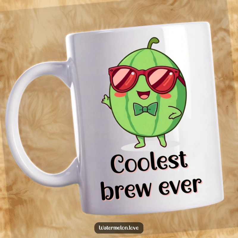 Funny mug with a cheerful Kawaii watermelon wearing sunglasses and a bowtie, striking a cool, confident pose, radiating fun and flair.