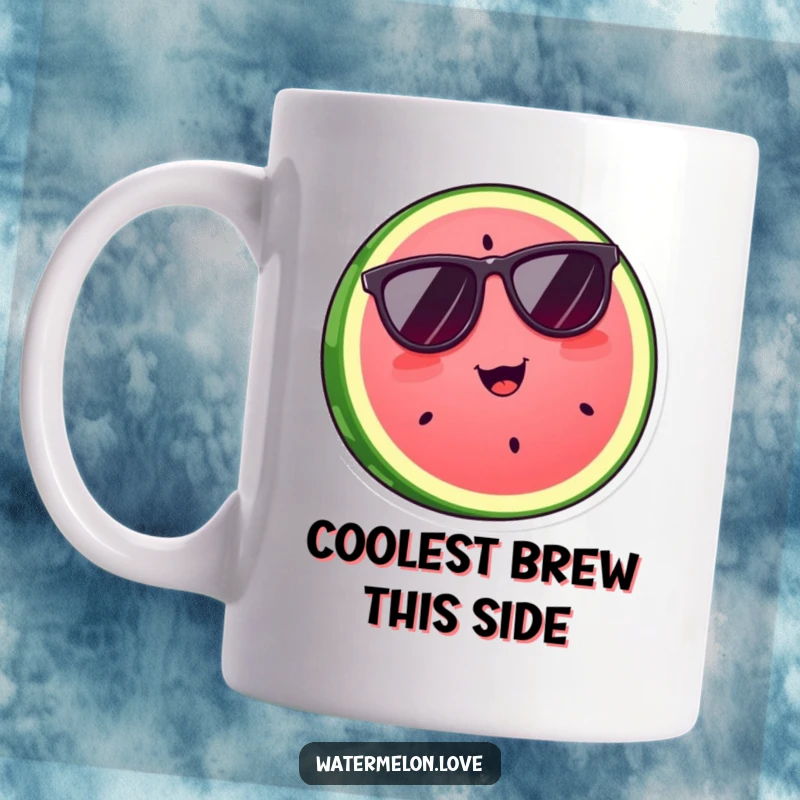 Funny watermelon slice wearing sunglasses, looking cool and stylish, depicted on a mug, a great humorous gift.