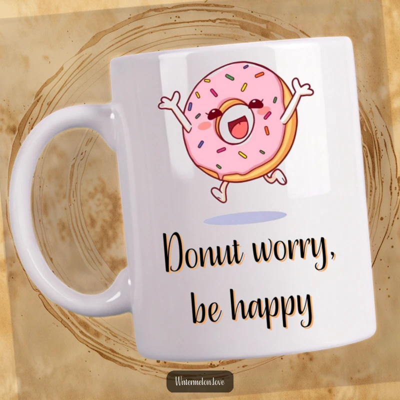 Funny mug depicting an anthropomorphic donut with sprinkles joyfully leaping into the air, radiating pure happiness.