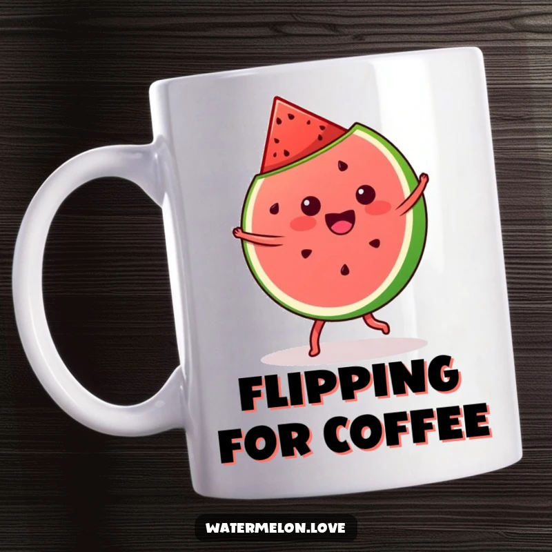 Funny kawaii watermelon slice joyfully doing a cartwheel, depicted on a mug for vibrant, humorous appeal.