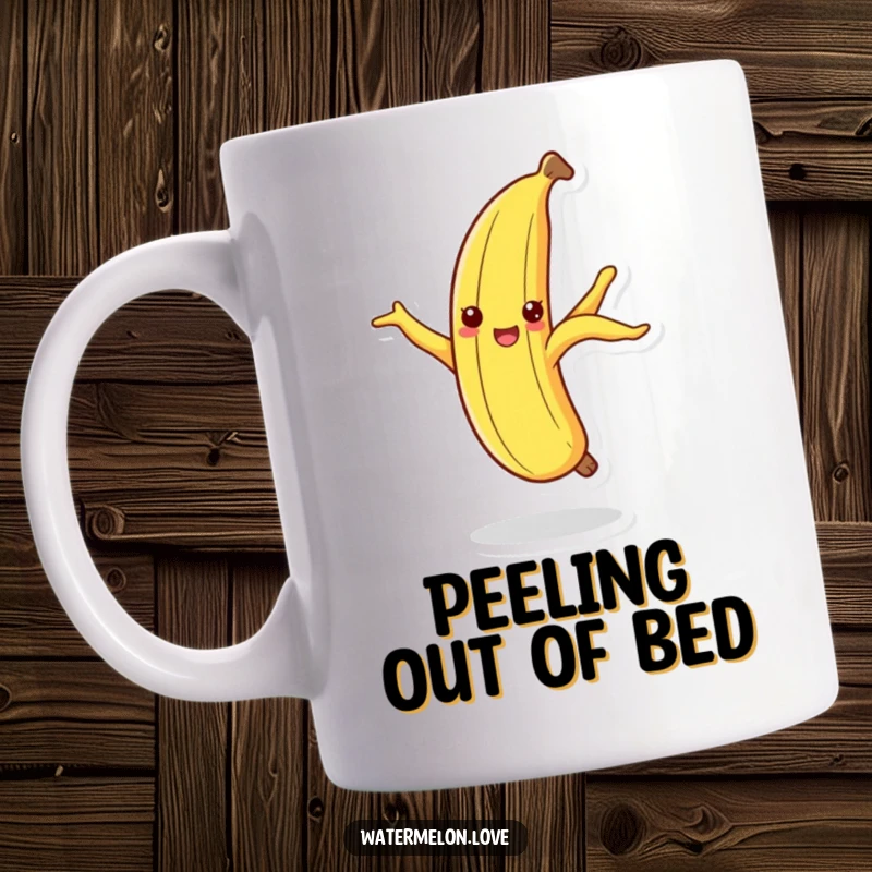 Funny cheerful banana peel mug in a playful dance pose on its tip, radiating quirky fun.