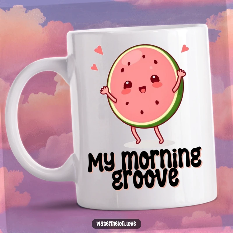 Funny mug featuring a watermelon slice character doing a vibrant, silly dance, radiating pure joy and movement.