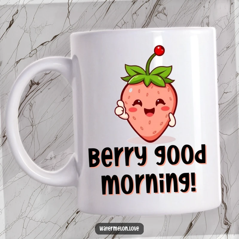 Funny Happy Strawberry Mug with a cherry on top, giving a thumbs up, celebrating good vibes and fruit.