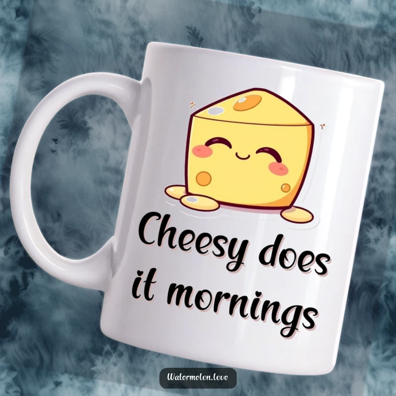 Funny Kawaii Melting Cheese Mug: A cute cheese character with eyes closed, blissfully melting into cheesy goodness, radiating joy.