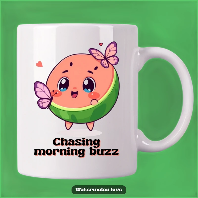 Funny Kawaii Watermelon Butterfly Chase Mug: Excited Slice, Perfect Fun Gift