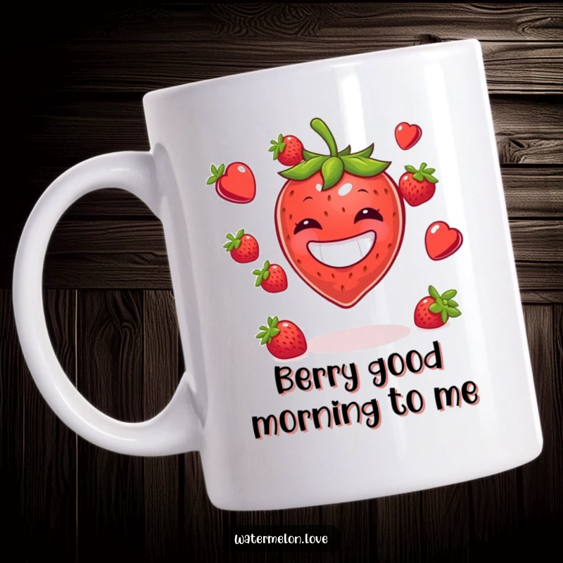 Funny mug with a happy strawberry character in the middle, enthusiastically juggling several red berries with a huge smile.