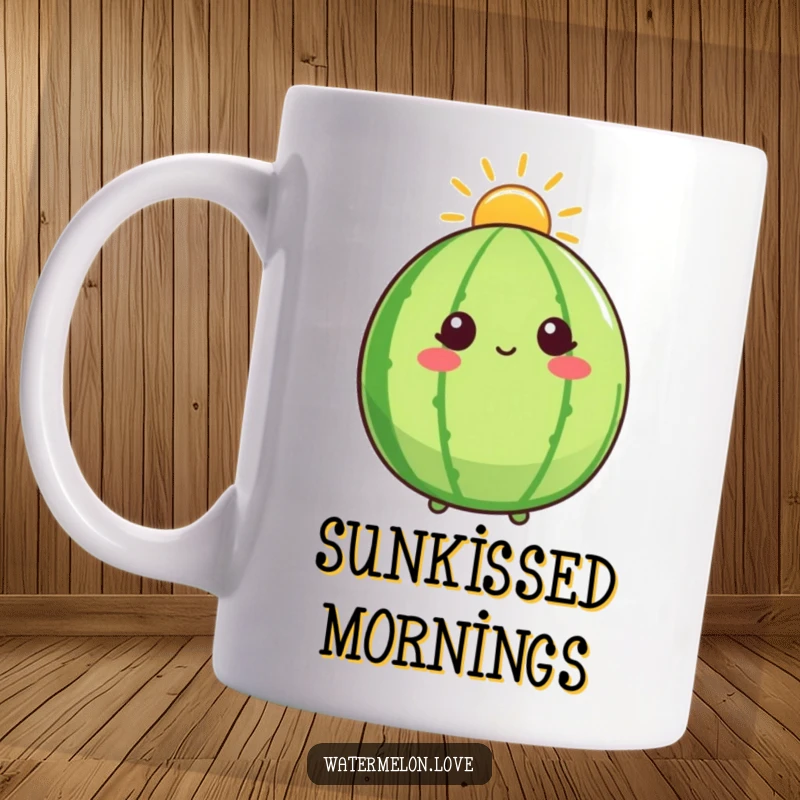 Funny mug featuring a watermelon character with a bright sunshine halo, looking upwards with a hopeful and blissful expression.