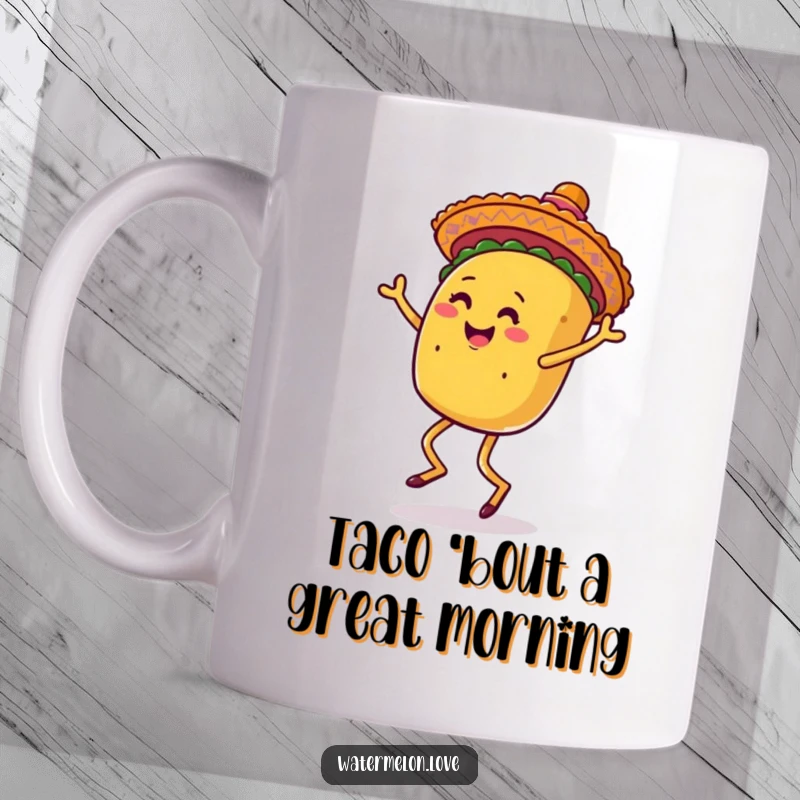 Funny mug featuring an anthropomorphic taco with legs joyfully dancing under a festive sombrero, spreading pure happiness.