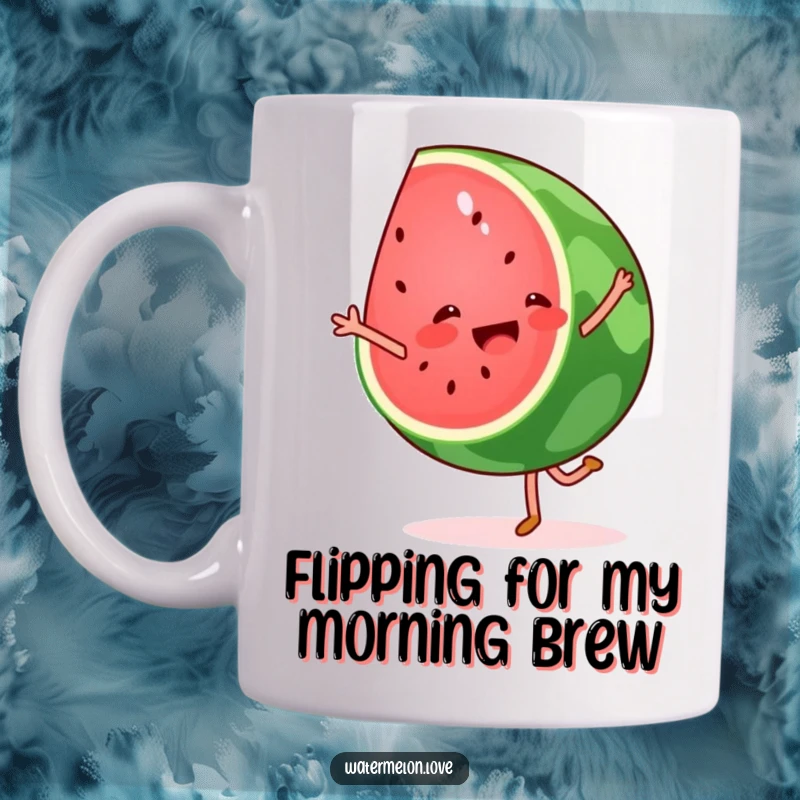 Funny watermelon wedge mug in mid-cartwheel, radiating pure glee and fruity excitement, perfect for a laugh.