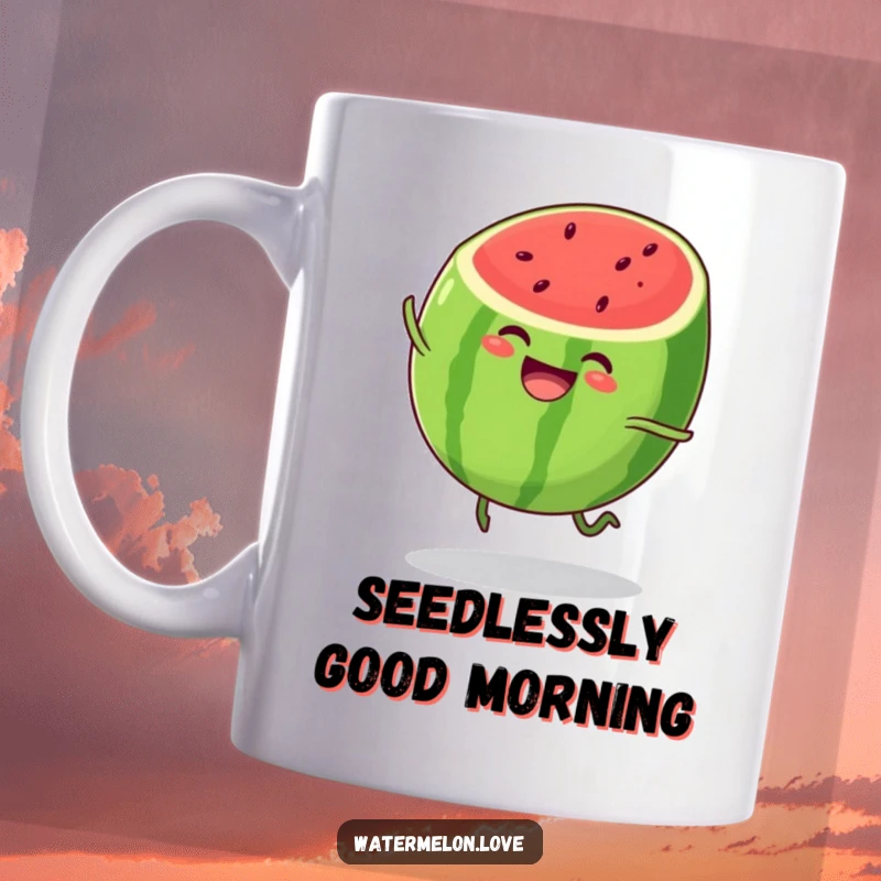 Funny watermelon slice mug, anthropomorphic fruit character bouncing with pure, infectious joy, vibrant and cheerful.
