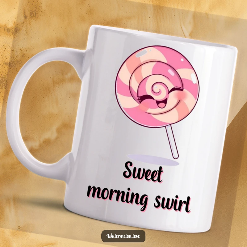 Funny mug featuring a winking anthropomorphic lollipop spinning happily, radiating sweet mischief and cheerful vibes.