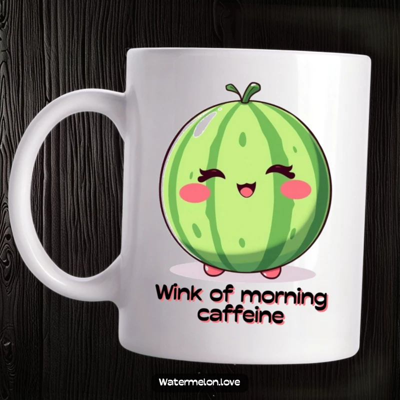 Funny whole watermelon mug with a mischievous wink and a bouncy posture, radiating playful charm.