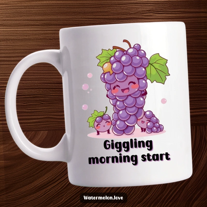 Funny mug featuring a giggling bunch of anthropomorphic grapes playing hide-and-seek, full of playful mischief.