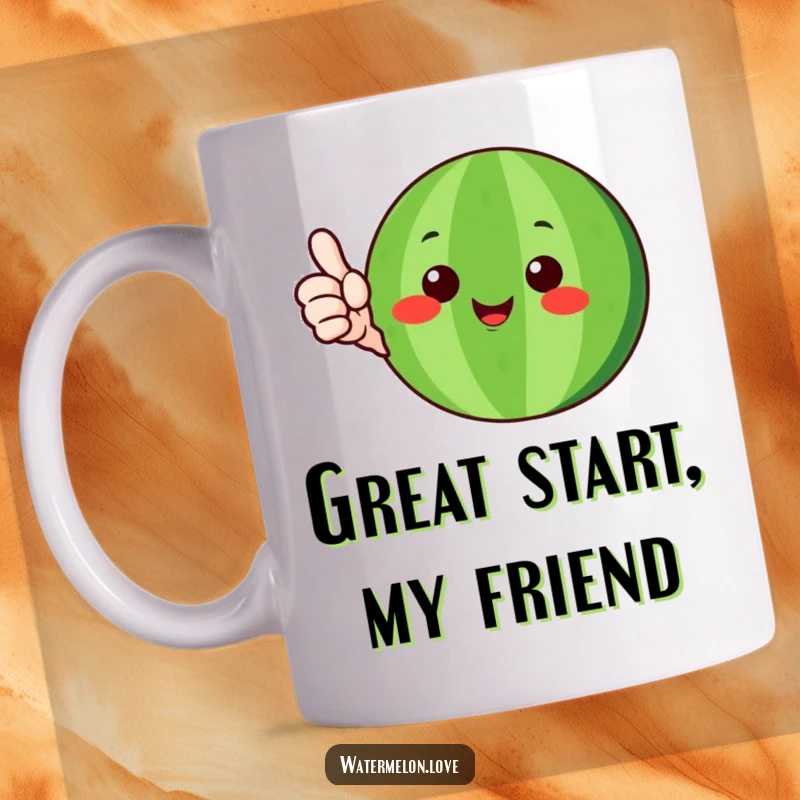 Funny watermelon character with green rind happily giving a thumbs-up, depicted on a mug, a great humorous gift.