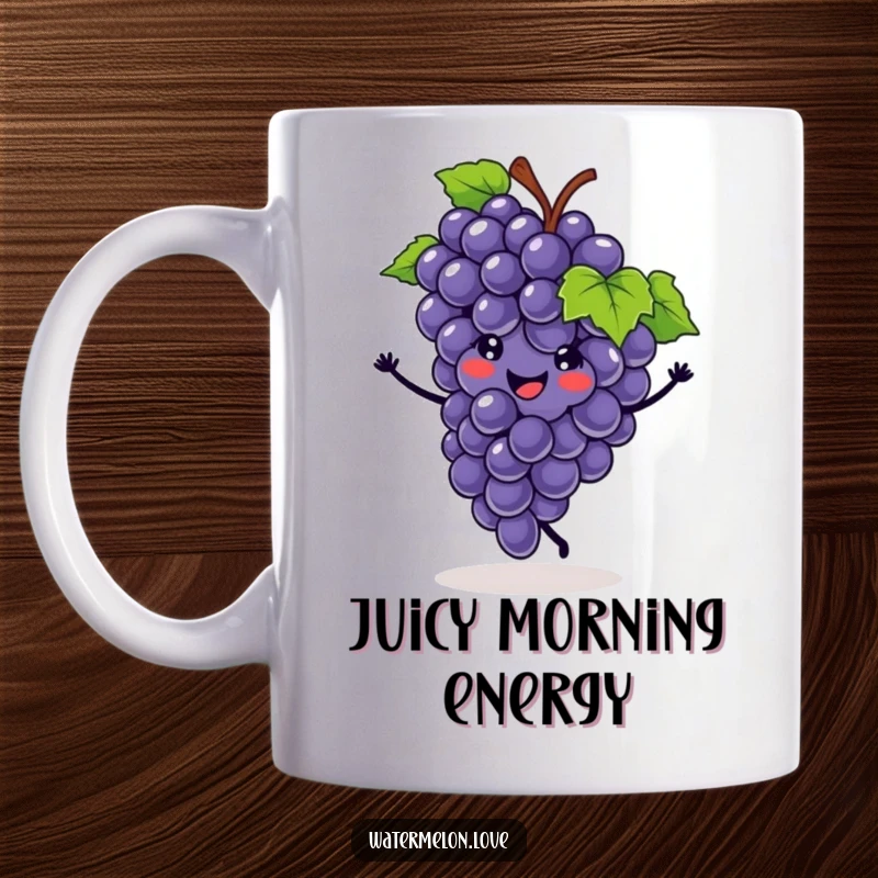 Funny mug with a smiling grape cluster energetically doing a cartwheel, showcasing fruit-based fun and a cheerful attitude.