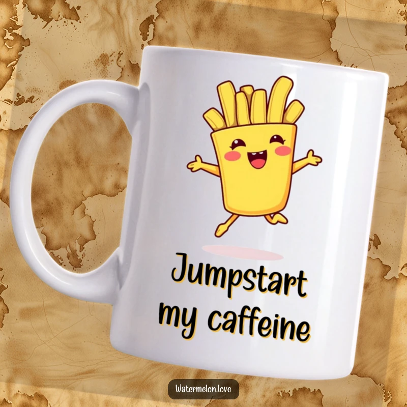 Funny mug featuring an anthropomorphic french fry leaping playfully with an excited expression, celebrating the joy of food.