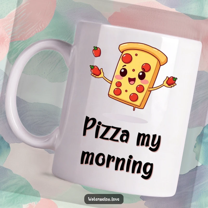 Funny pizza slice mug, anthropomorphic pizza character happily juggling small pepperoni pieces, celebrating delicious food.