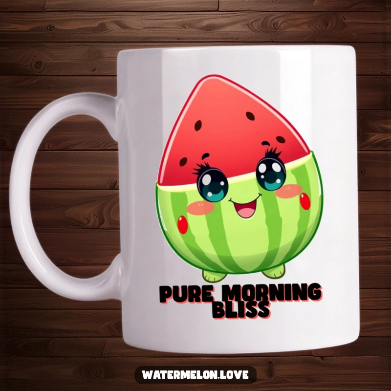 Funny mug featuring a watermelon character with wide, delighted eyes, expressing pure excitement and bubbly happiness.