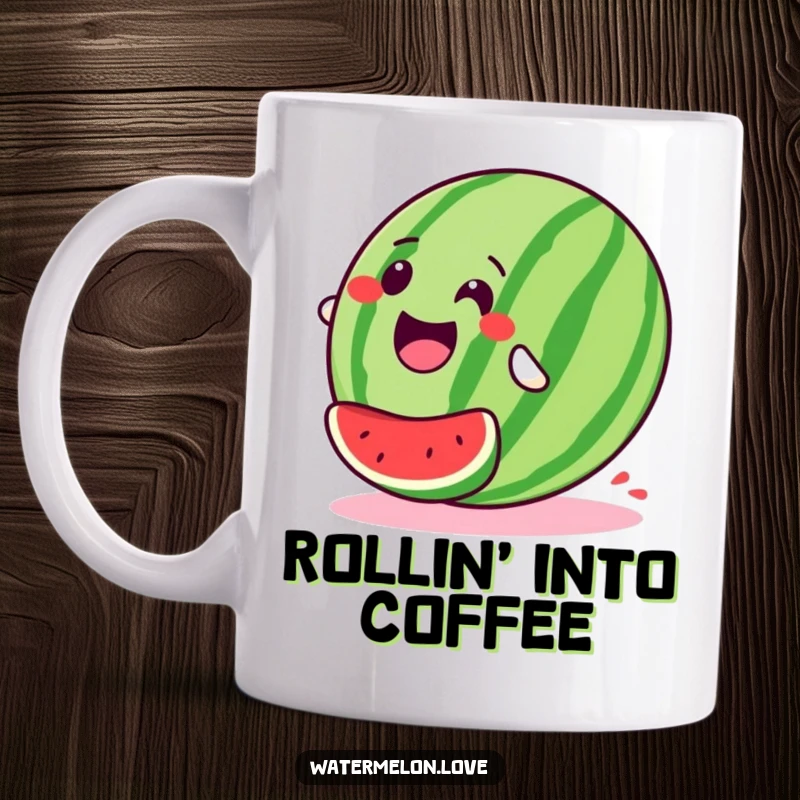 Stylized, happy watermelon mug captured in a joyful, downhill roll with pure glee, radiating uncontainable excitement and fun.