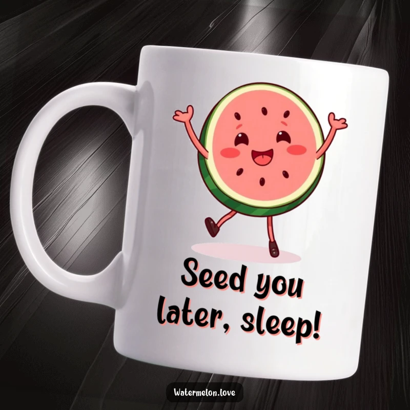 Funny watermelon slice mug doing a silly, bouncy dance, celebrating with pure joy and infectious energy for a fruit lover's gift.