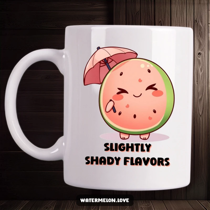 Funny Kawaii watermelon slice mug winking and holding a tiny umbrella, embodying playful mischief.